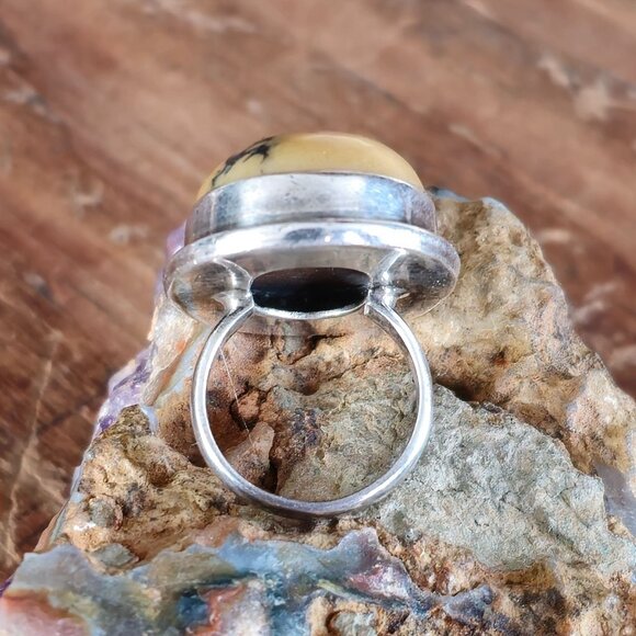 VTG Sterling Silver Feathered Jasper Cabochon Ring Size 7 Bezel Setting Statemen - Picture 4 of 8